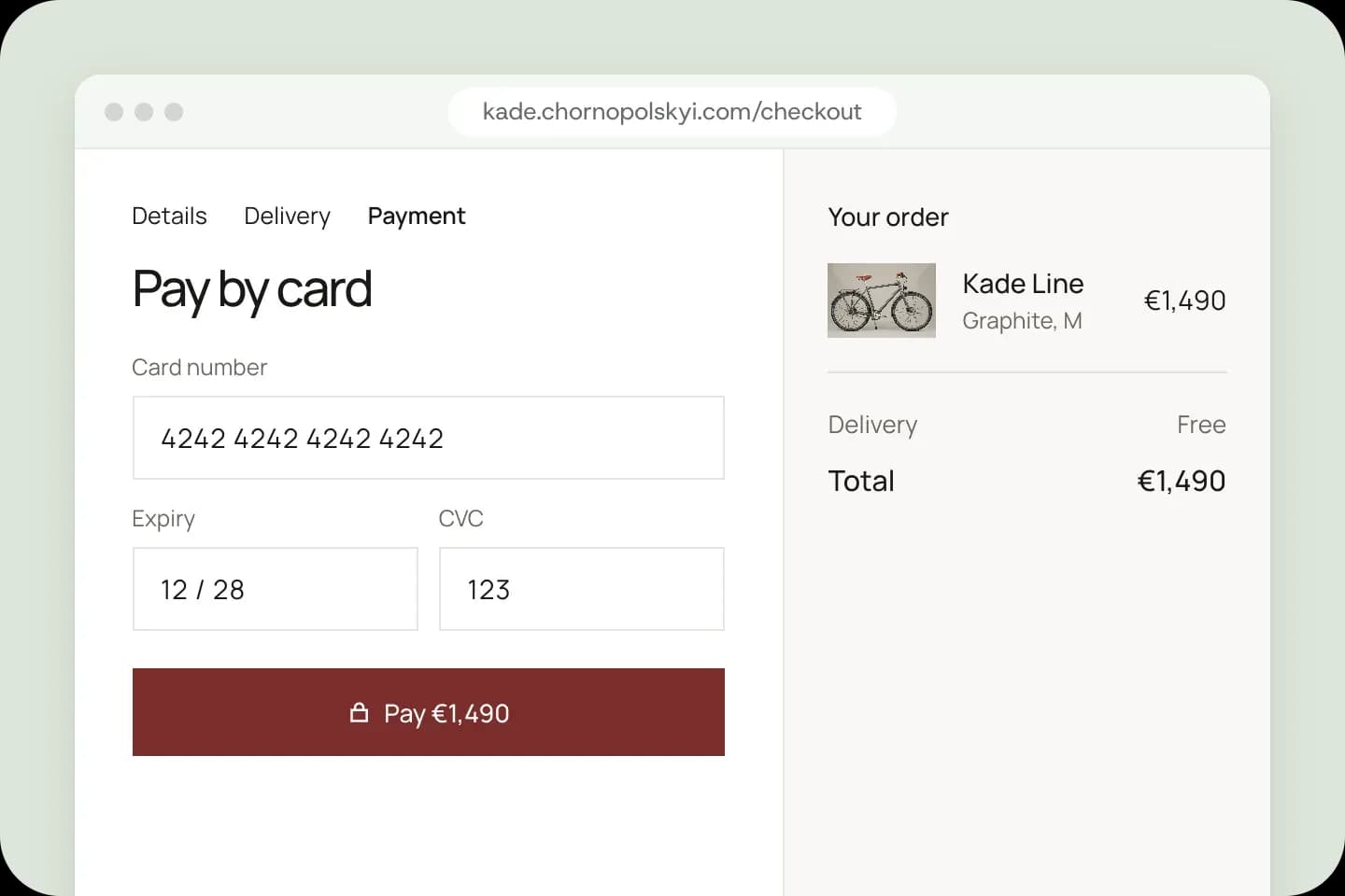 The Kade checkout: card 4242 4242 4242 4242 and a Kade Line in Graphite, size M, at €1,490.