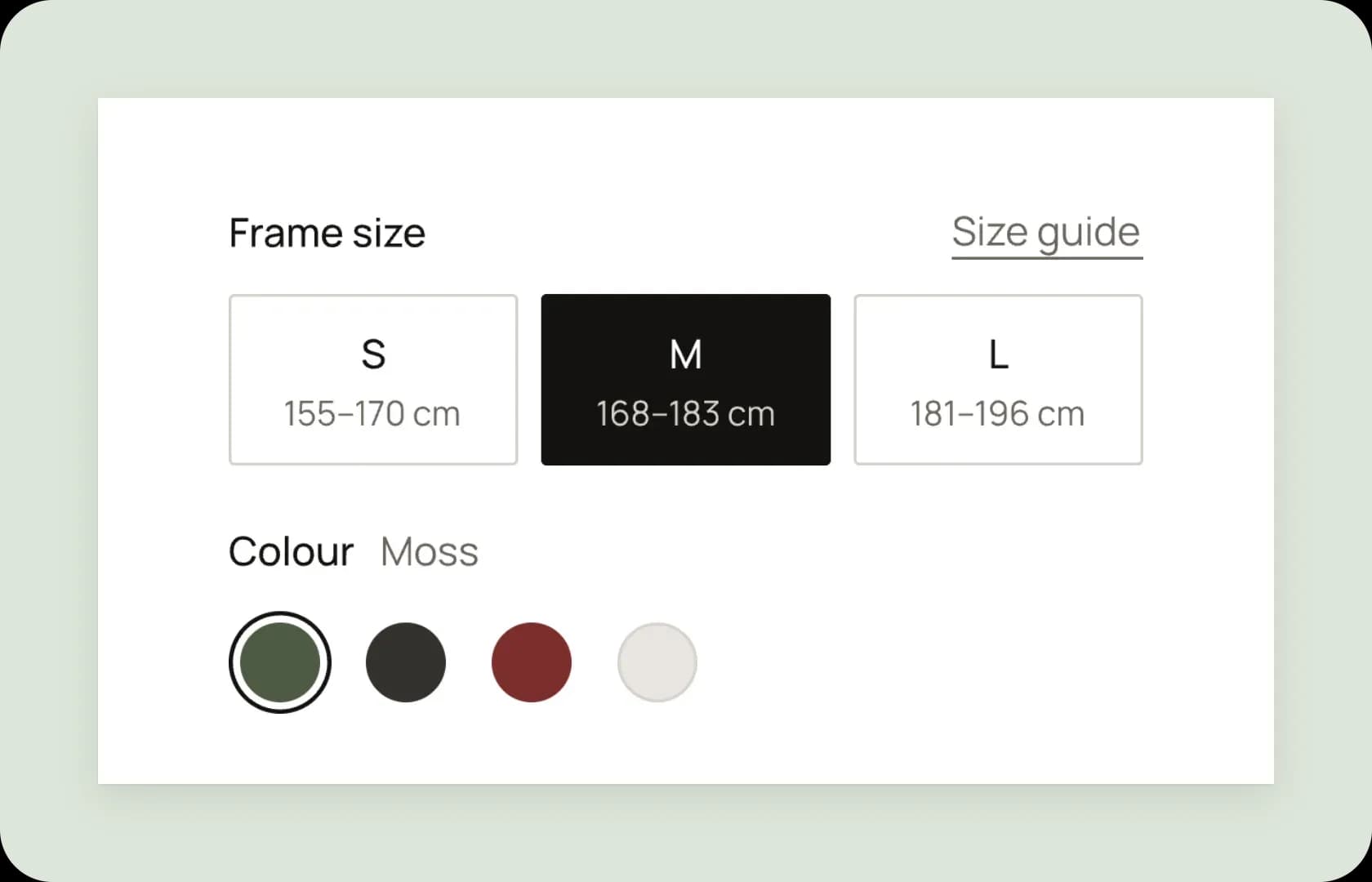 The Kade size and colour pickers, with size M and Moss selected.