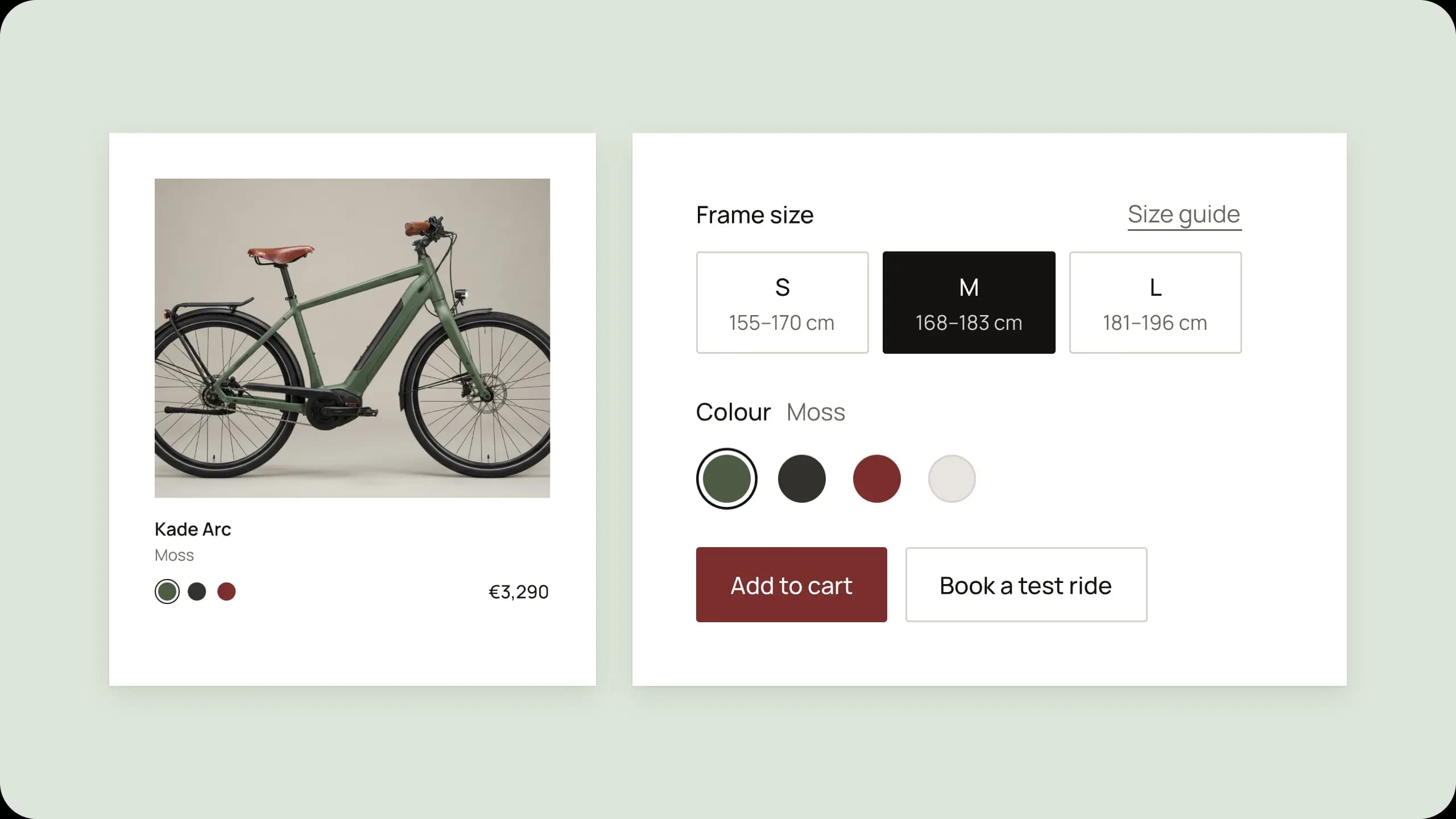 Kade components: the product card, size picker, colour picker and buttons.