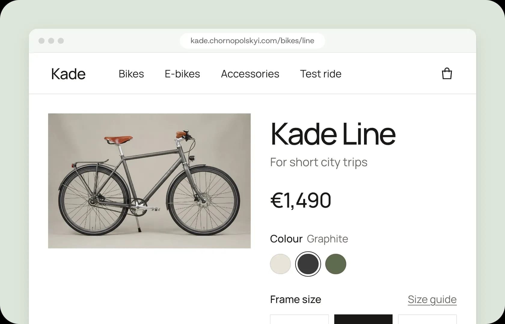 The Kade Line product page, with colour and frame size pickers.