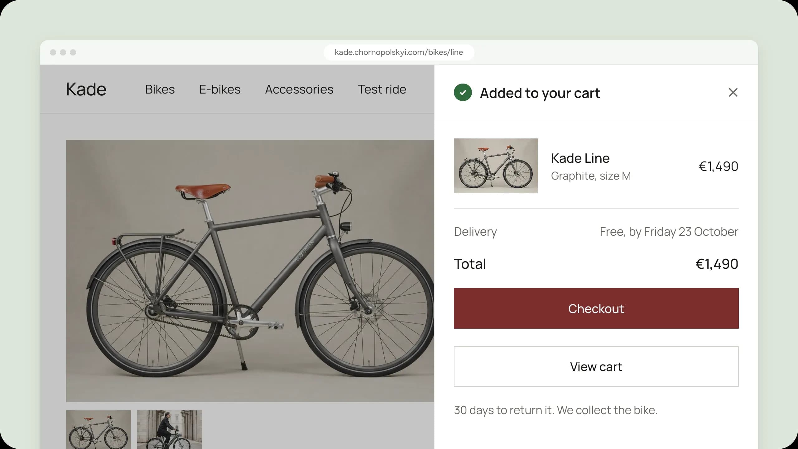 A Kade Line in Graphite, size M, just added to the cart: the cart drawer over the product page.