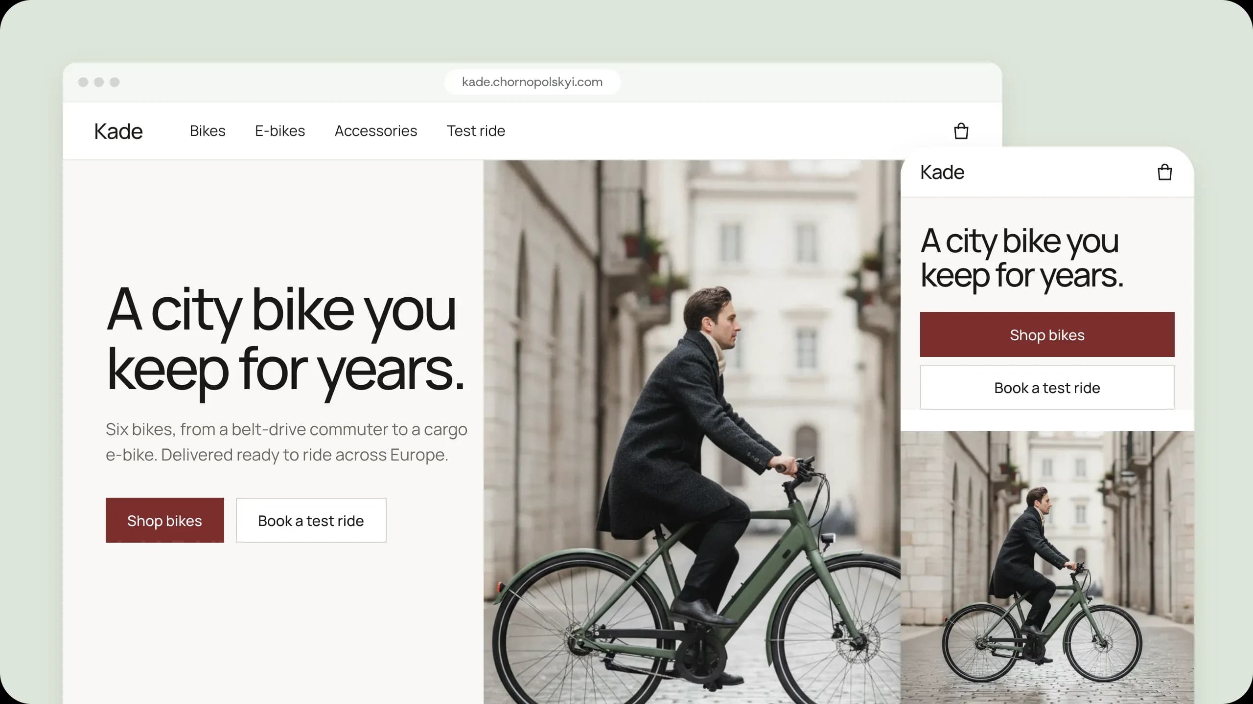 The Kade home page on desktop and on a phone: a city bike you keep for years.